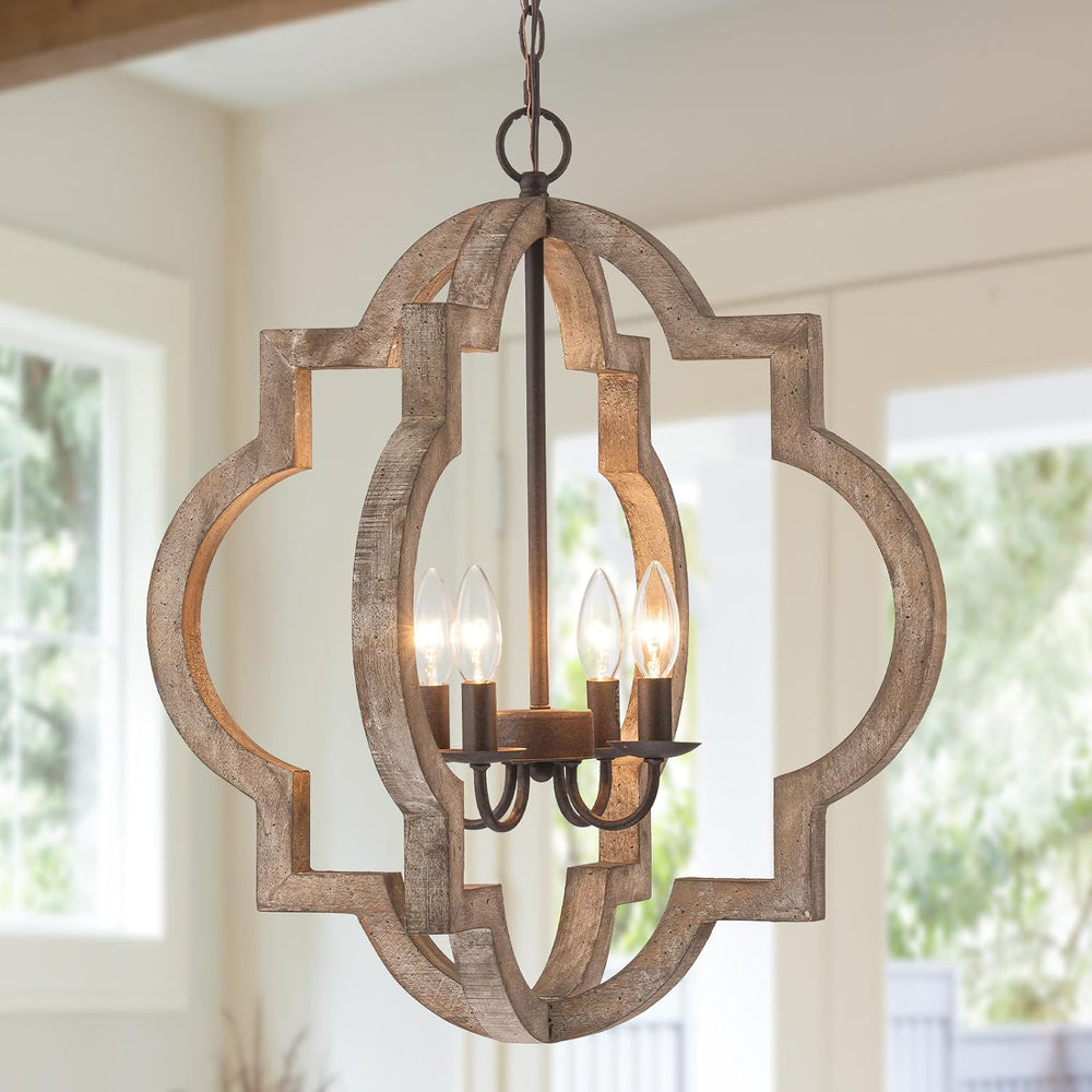 22" Farmhouse Chandelier Orb Distressed Wood Oak Dining Room Light Fixture