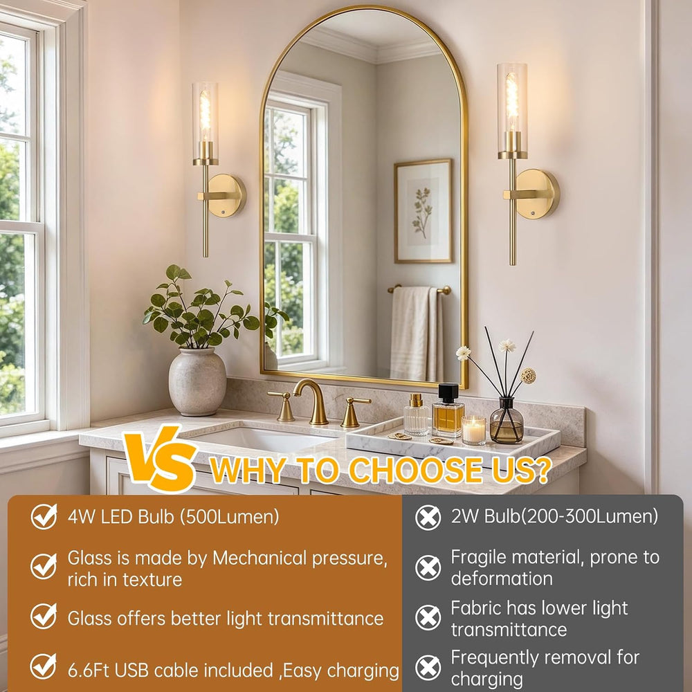 Shenmoyl Battery Operated Wall Sconces Set of 2, Gold Rechargeable Wall Light...