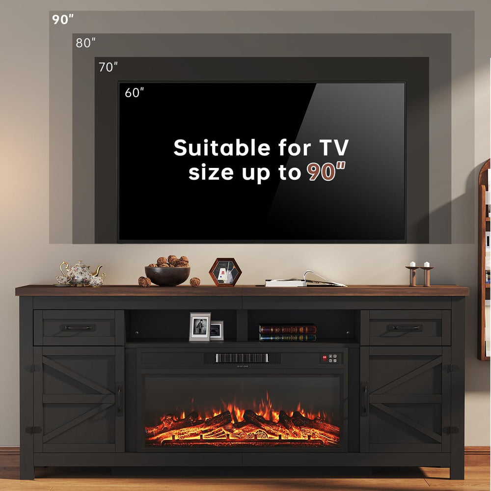 Fireplace TV Stand with Barn Door, 80 inch,Modern Black