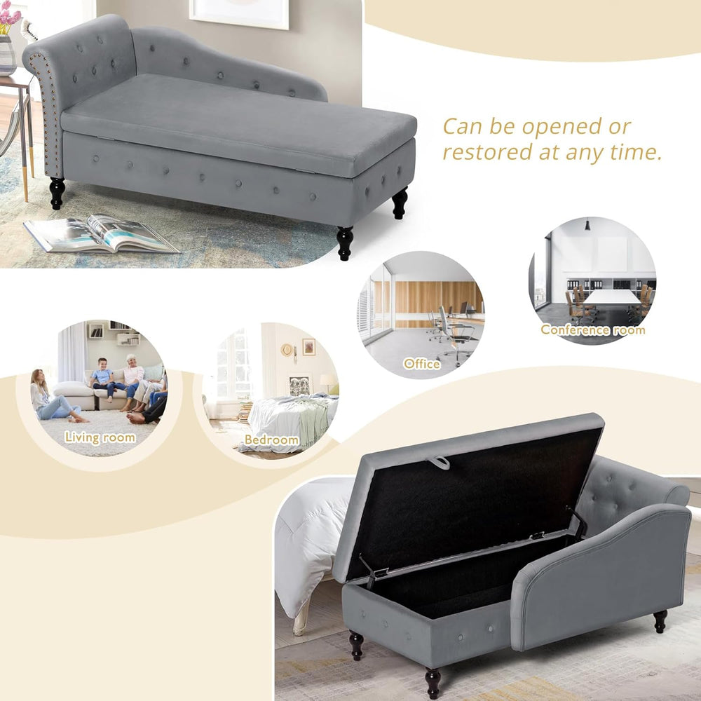 Velvet Chaise Lounge w/Left Armrest & Storage Space, Grey