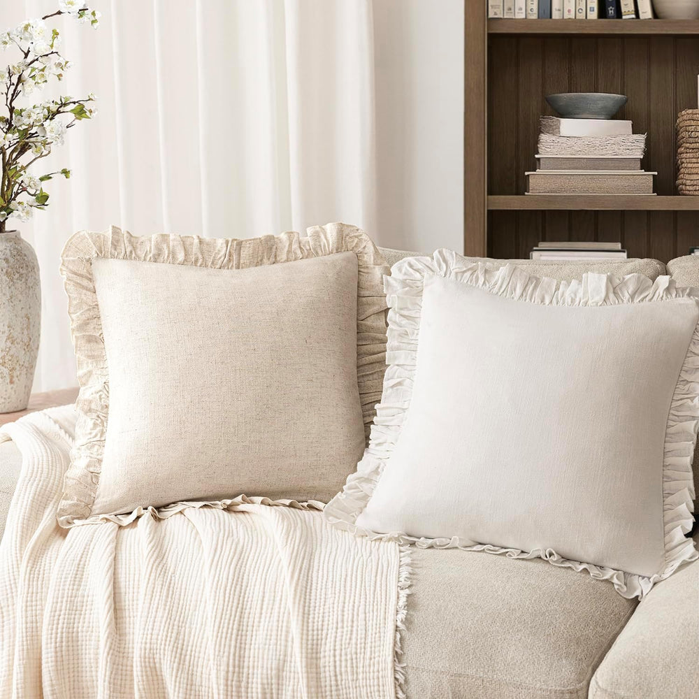 Foindtower Set of 2 Decorative Linen Fringe Ruffle Throw Pillow Covers Soft B...