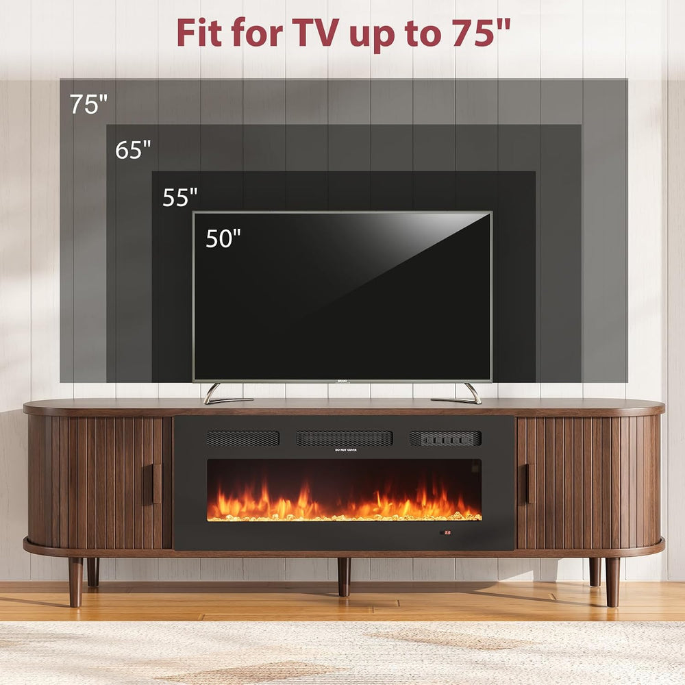 70" Mid Century Modern TV Stand with Fireplace, Fluted Fireplace TV Stan...