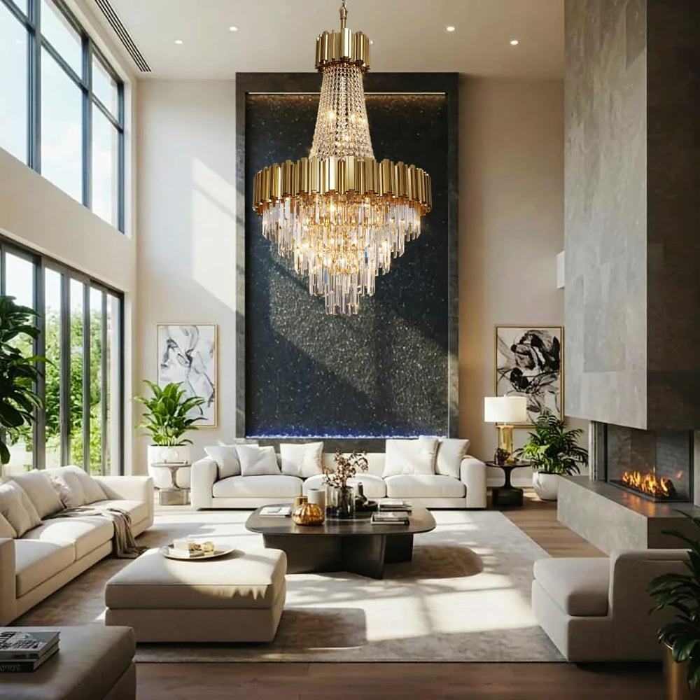 Modern Gold Crystal Chandelier Luxury for High Ceiling Foyer 5-Tier H44"