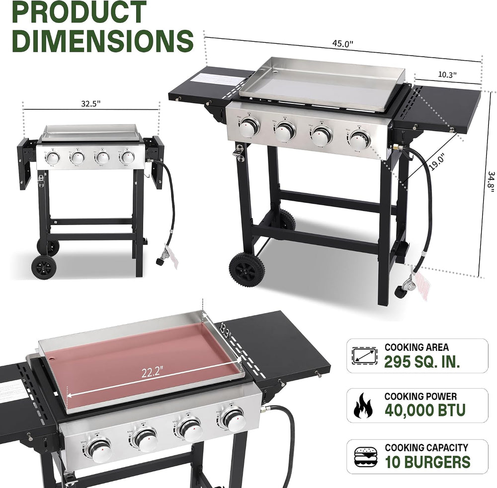 4-Burner Flat Top Grill with Folding Side Tables, 40,000 BTU