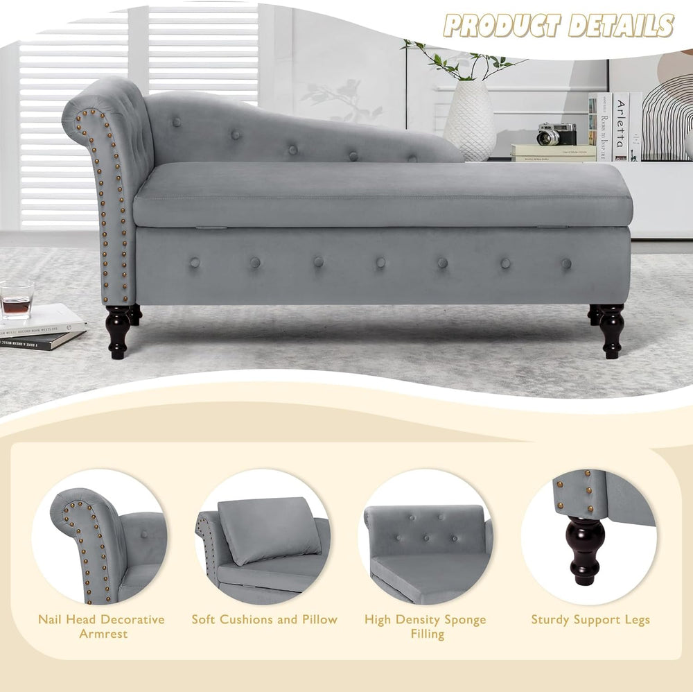 Velvet Chaise Lounge w/Left Armrest & Storage Space, Grey