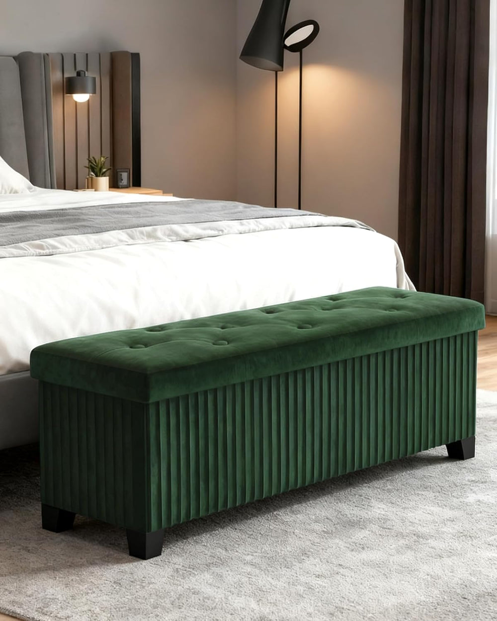 LITZFUR 43 Inches Storage Ottoman Bench, Velvet Foot Rest Stool, Green