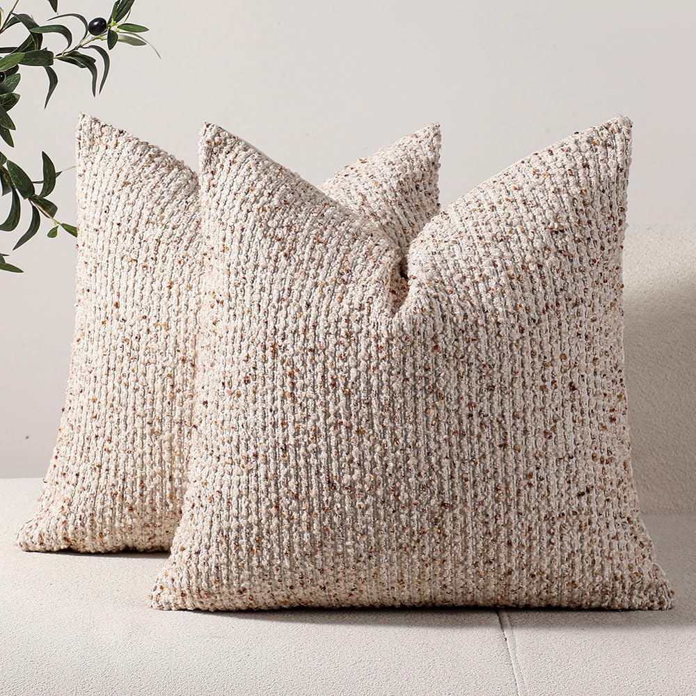 DEZENE Striped Throw Pillow Covers 24x24 Set of 2 Beige Textured Boucle Chic ...