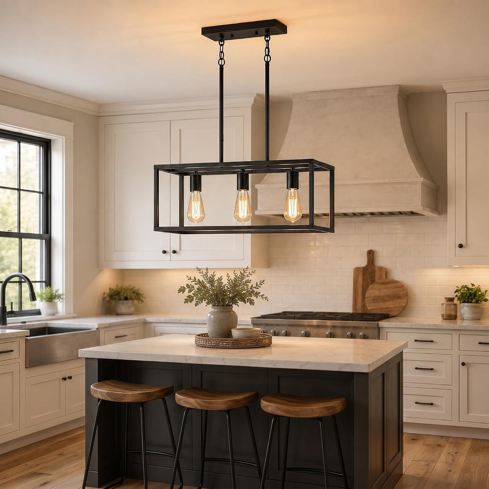 Black Kitchen Island Lighting, Modern Linear Cage Retangular Chandelier, 3 Li...