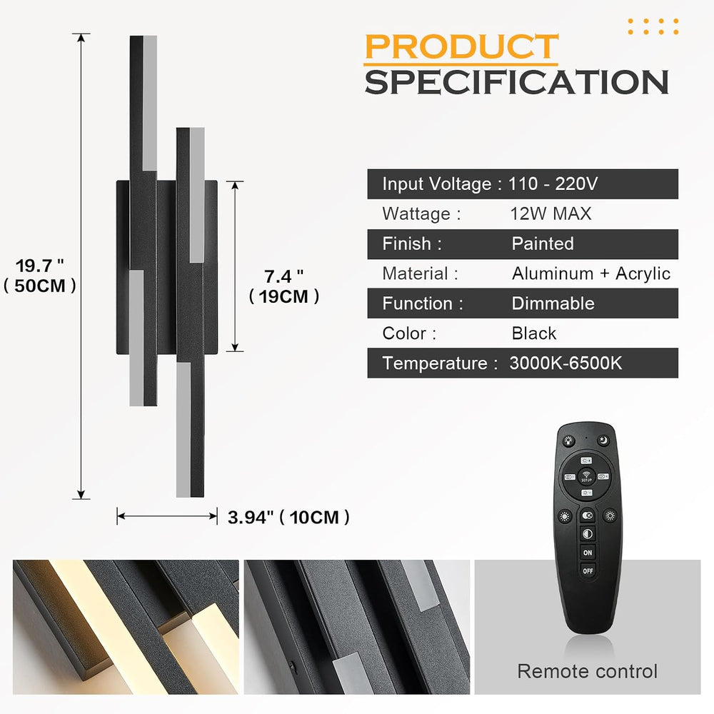 Benkut Modern LED Wall Sconce Black Remote Wall Light Fixtures for Bathroom, ...