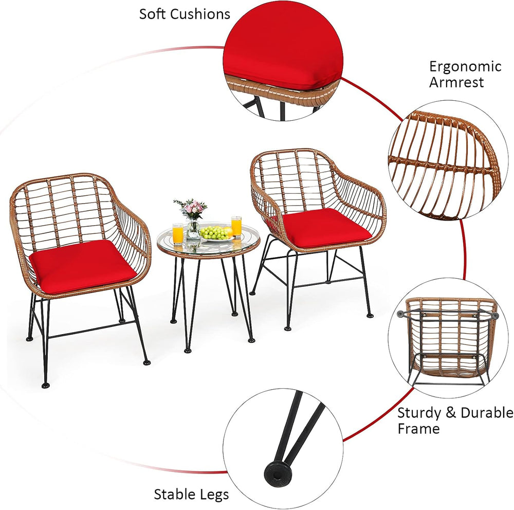 Tangkula 3 Pieces Patio Conversation Bistro Set, Outdoor Wicker Furniture w/R...