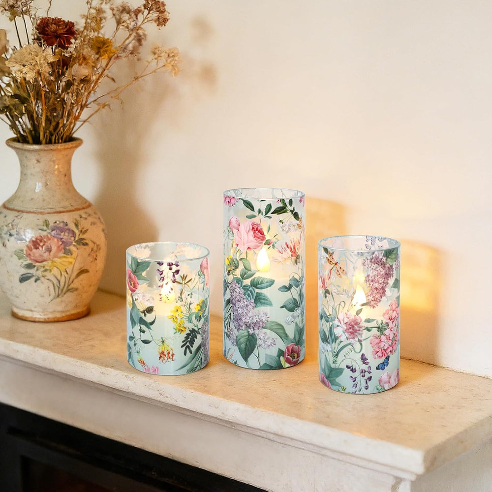 Glass Flameless Candles with Remote Timer Floral Battery Operated LED Flicker...