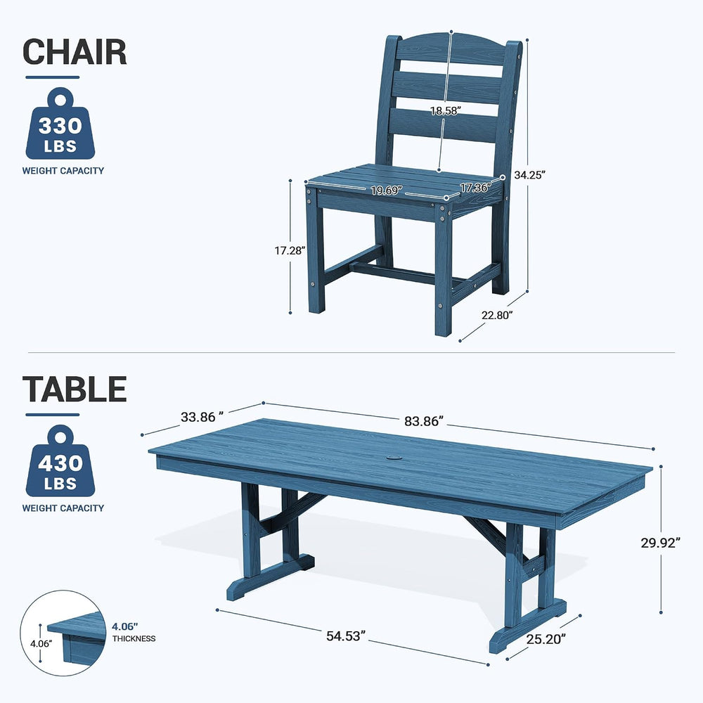 KINGYES Outdoor Dining Set,84'' Table w/Umbrella Hole & Armless C...