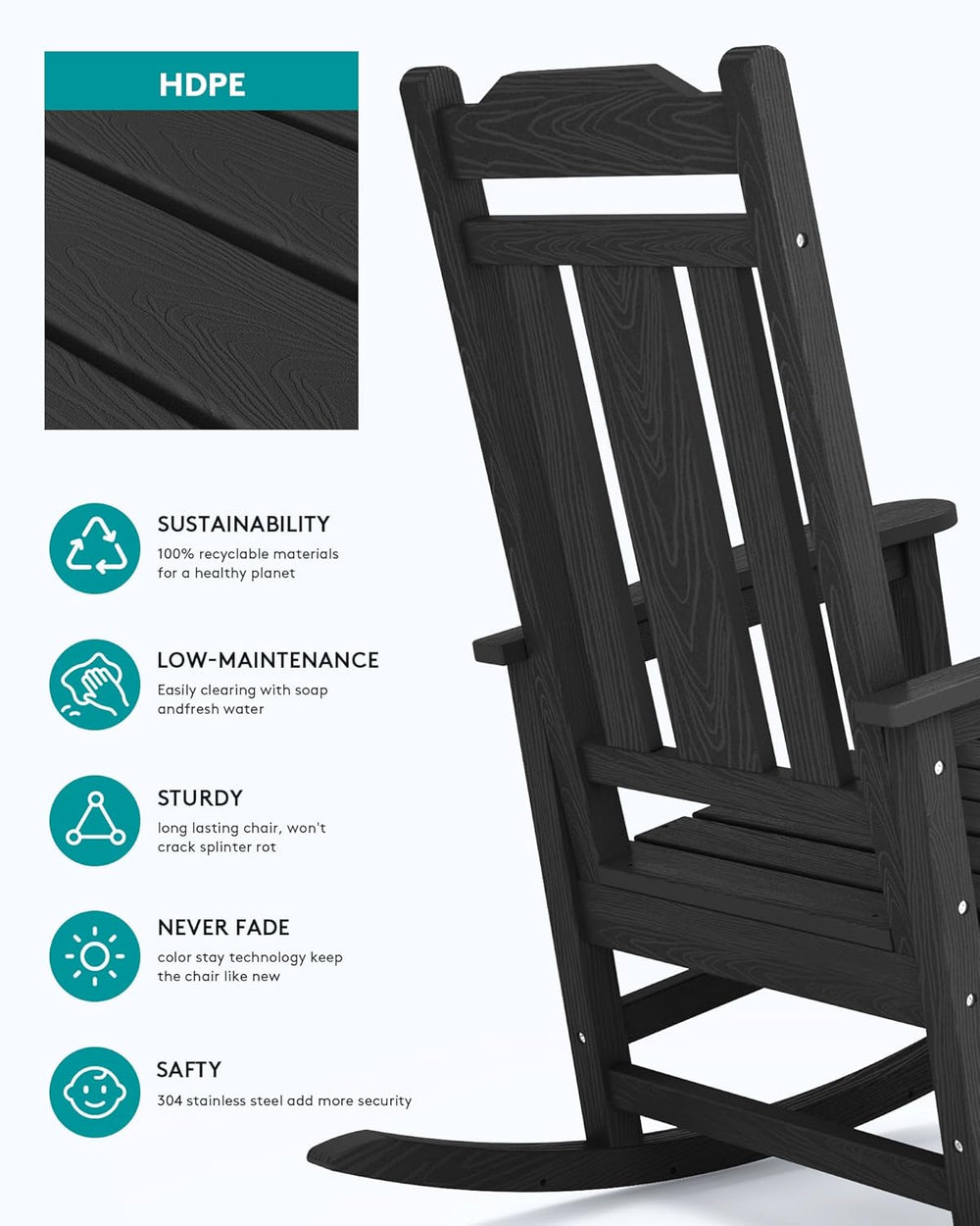 SERWALL HDPE Oversized Outdoor Rocking Chairs Set of 2, Patio Rocker, Black