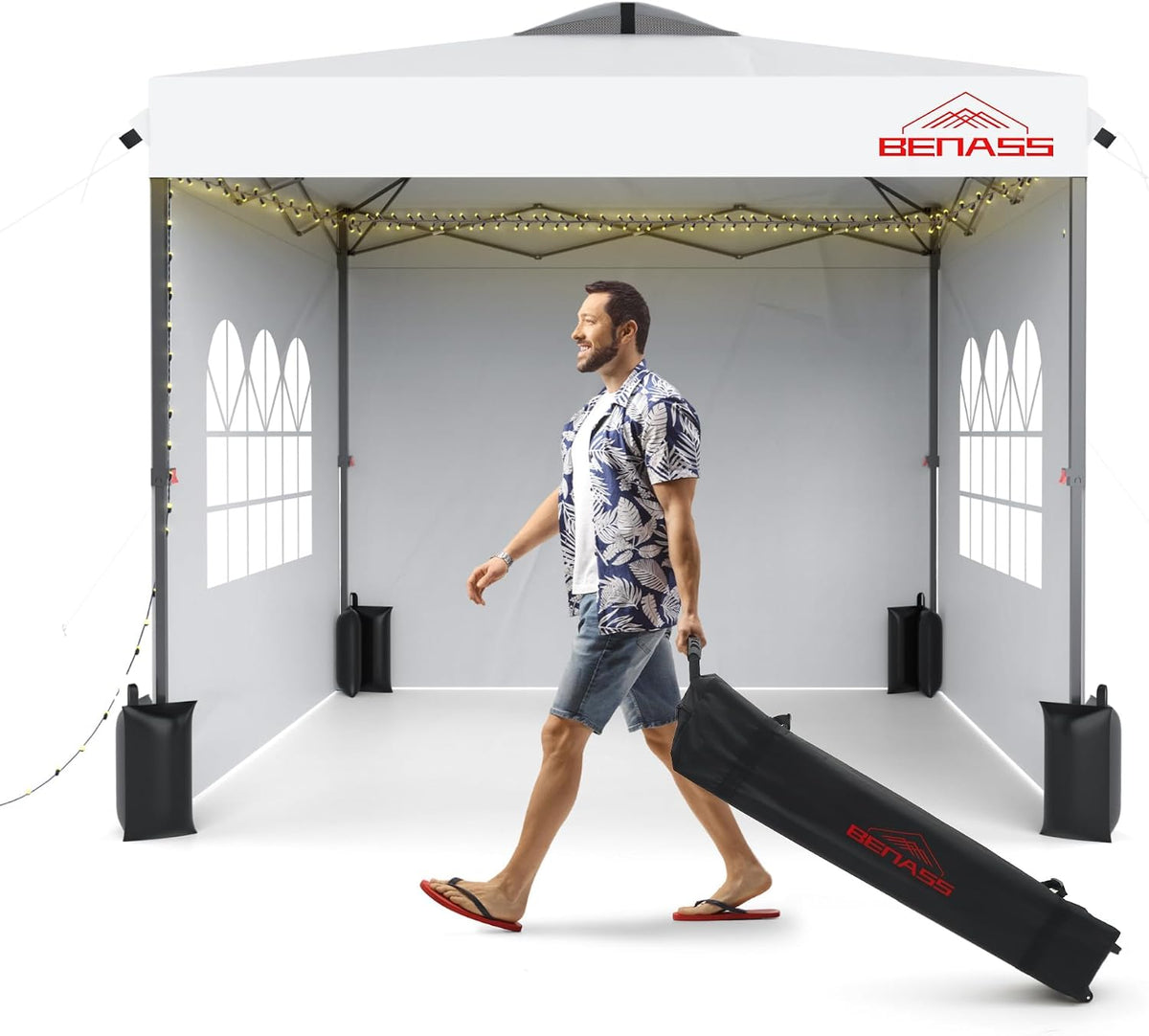 10x10 pop up canopy tent with 3 sidewalls shown in use