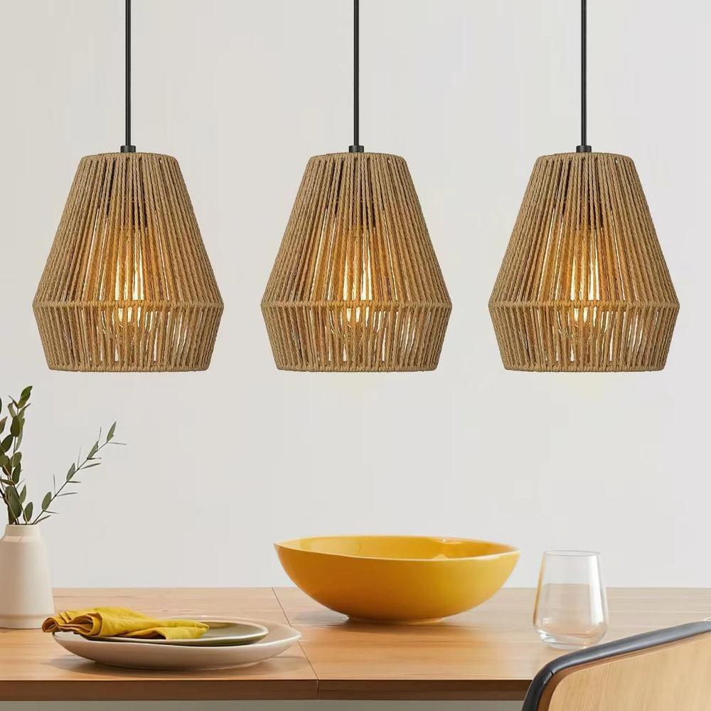 ELYONA 3 Pack Japandi Woven Pendant Lights 7” Modern Boho Hanging Lamp with H...