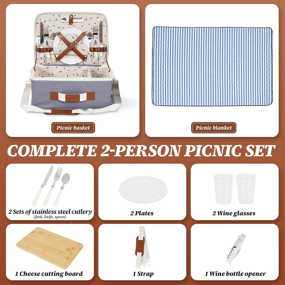 Picnic Basket for 2-Picnic Basket with Waterproof Blanket & Accessories