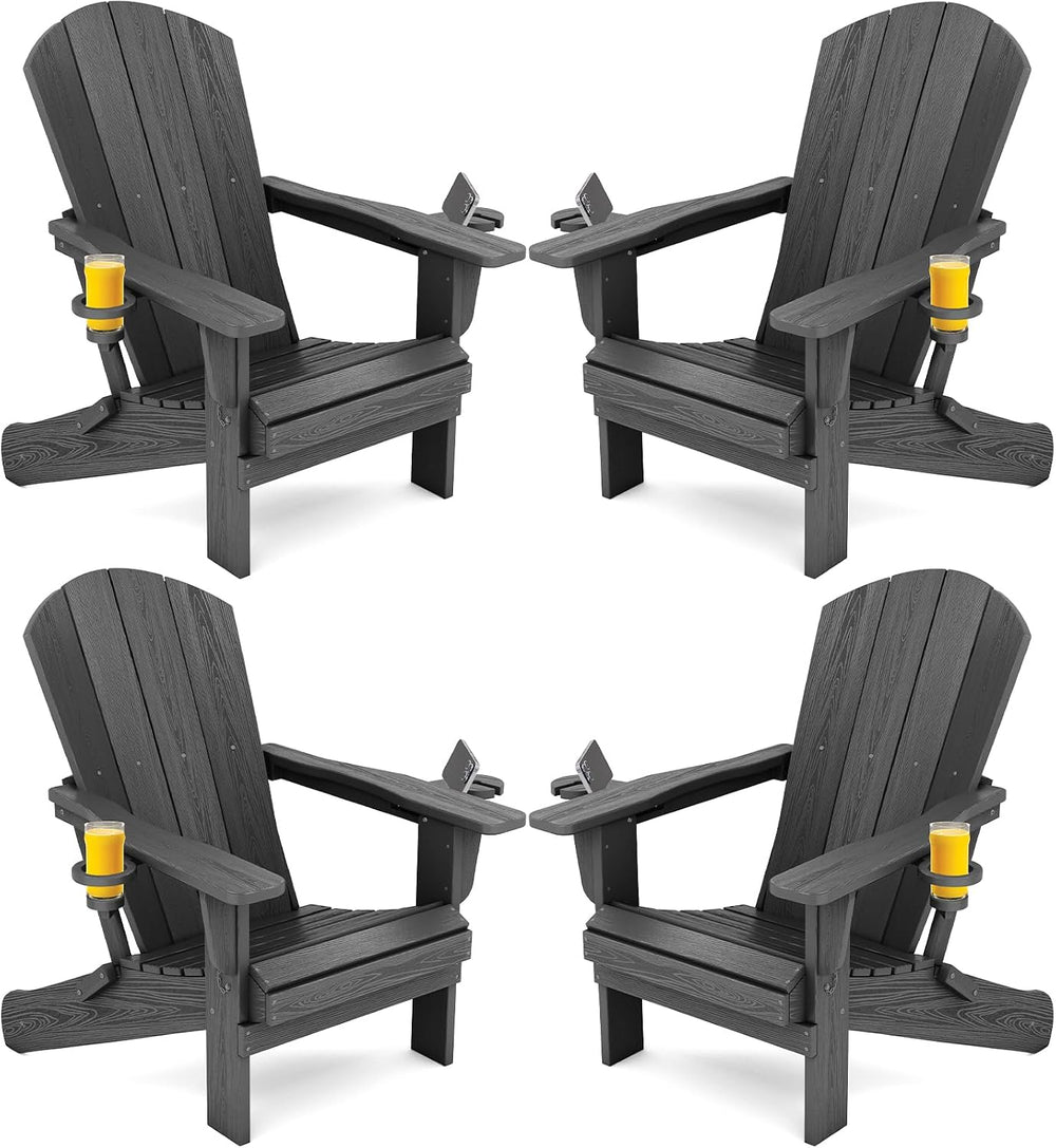 SERWALL Outdoor Adirondack Chair Set of 4 with 2 Cup Holders,Foldable,Grey
