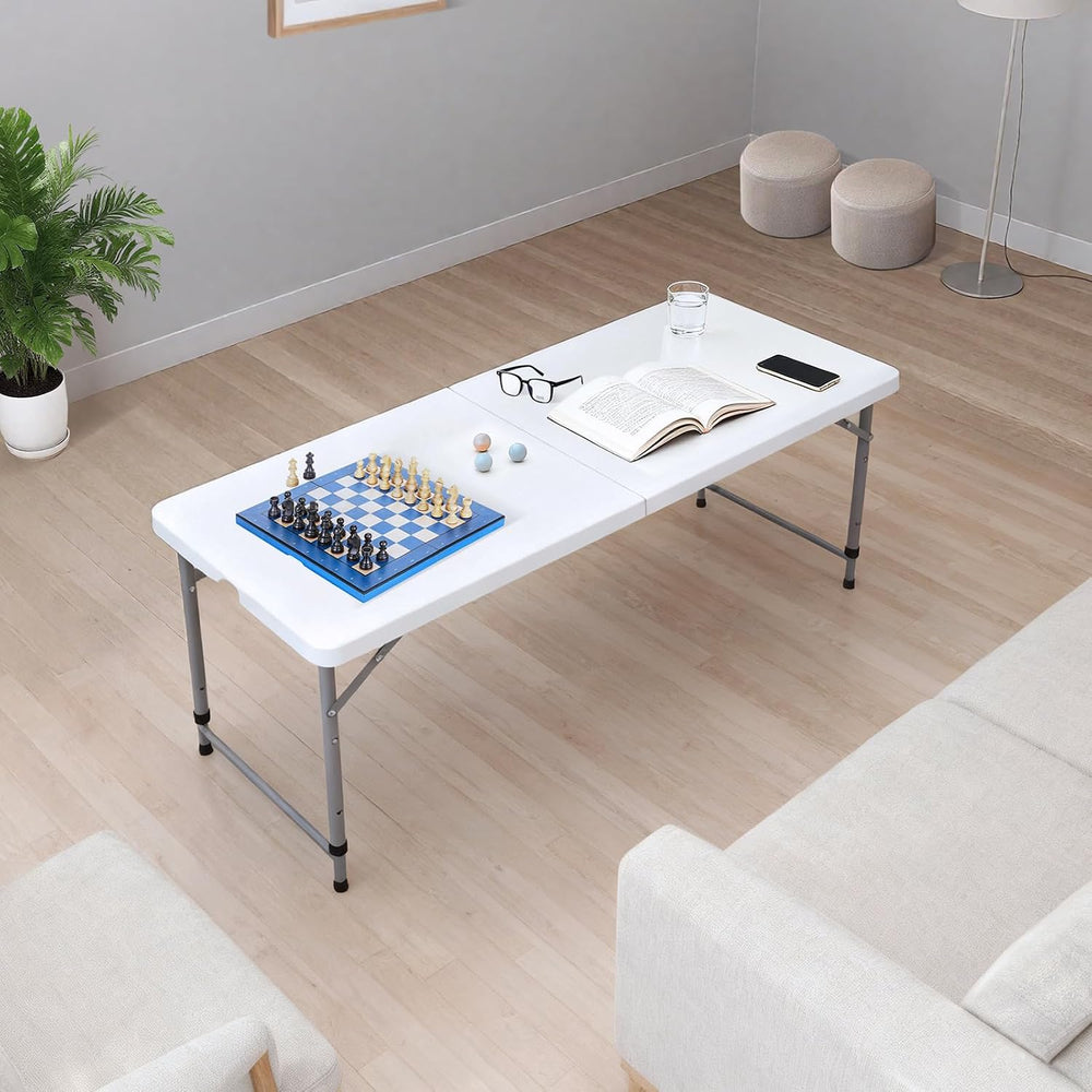 Lakhow Folding Table 4 Foot Adjustable Height with Built in Handle, White