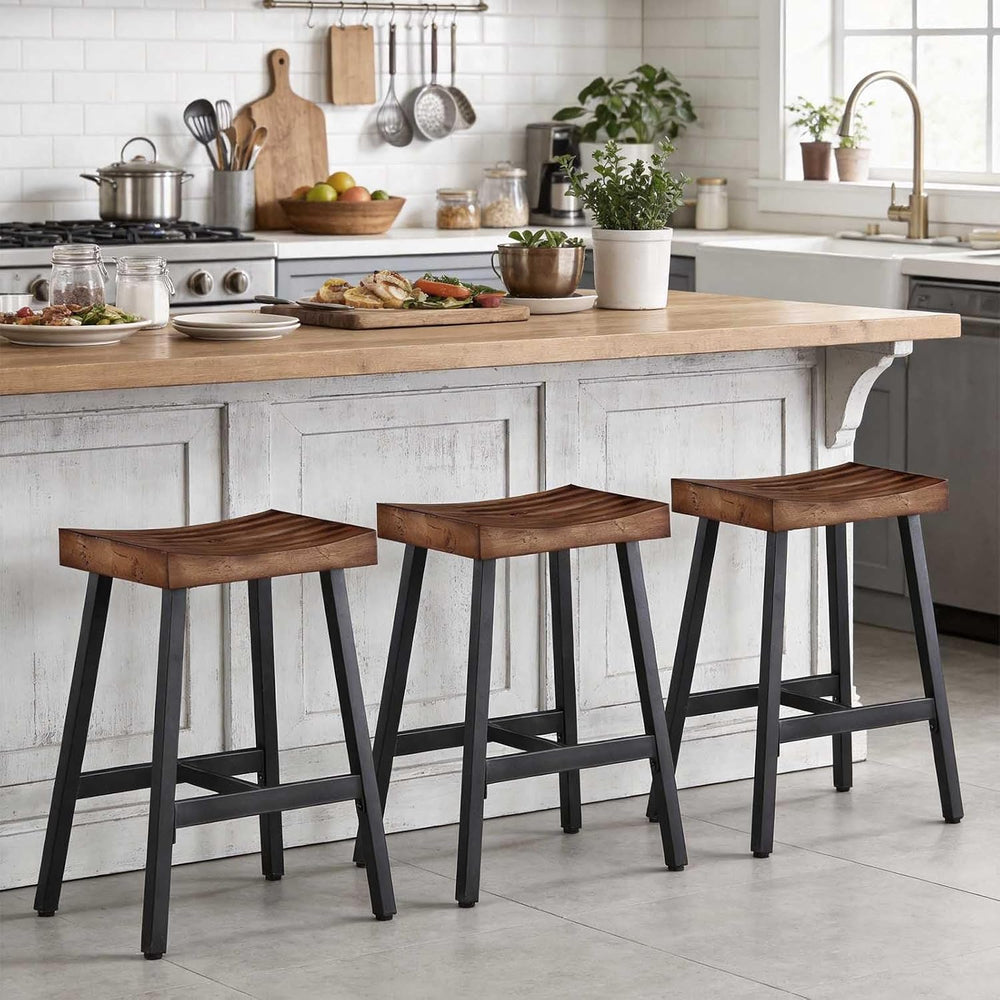 Rustic Farmhouse Wood Bar Stools Set of 3, 25" Backless Counter Barstool...