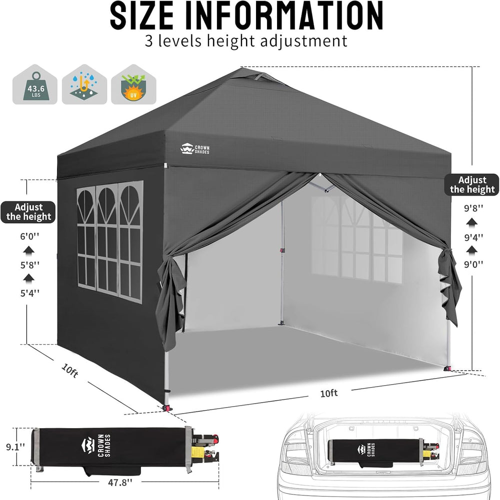 CROWN SHADES 10X10 Pop Up Canopy Tent with Sidewalls, One-Push Setup, Gray
