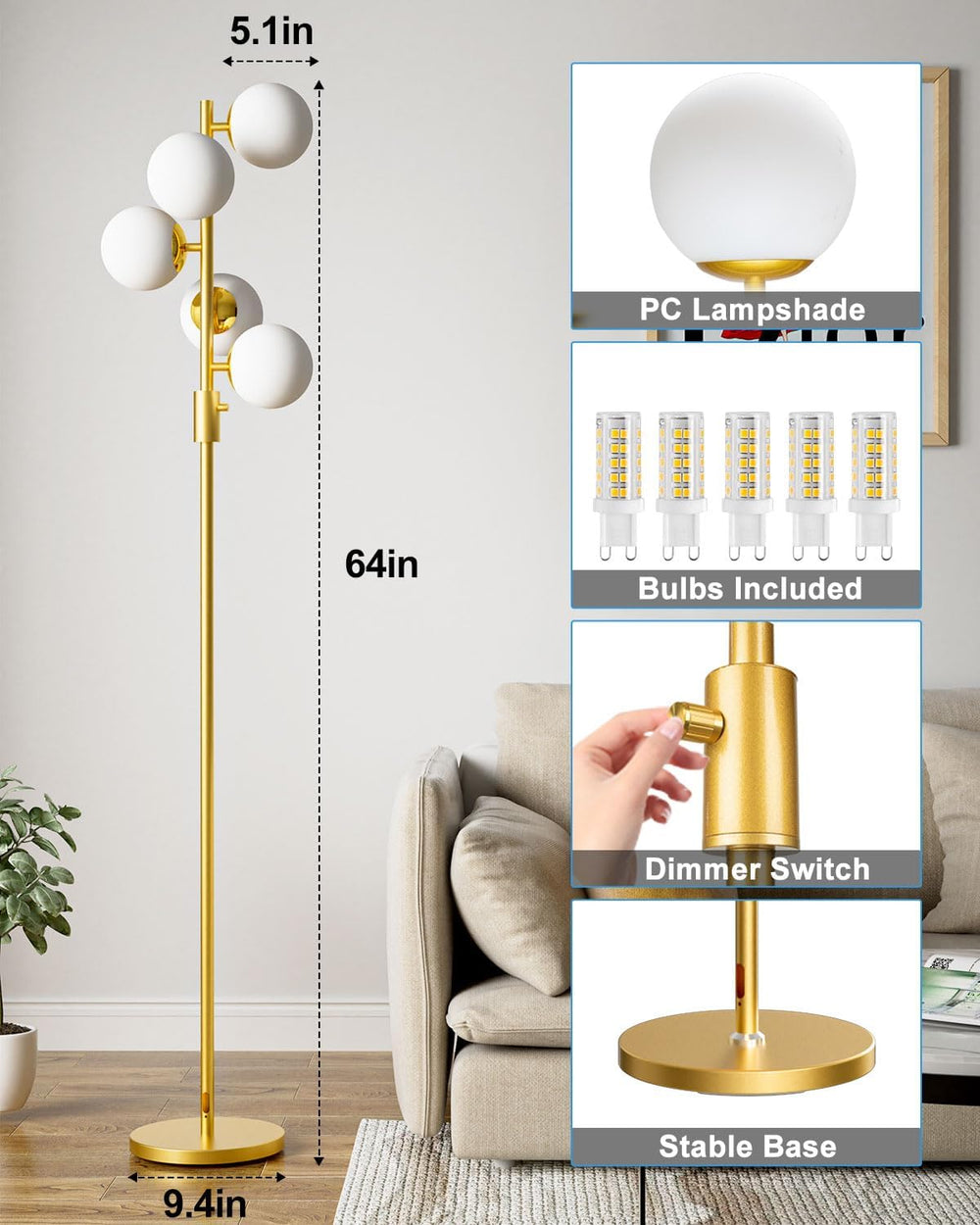 Dimmable Gold Globe Floor Lamp, 64IN Tall Standing Lamps with 5 Globe Warm Wh...