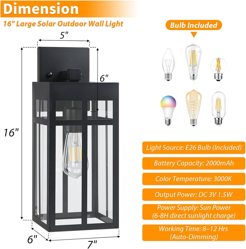2 Pack Solar Outdoor Wall Lights, 16" Large Dusk to Dawn Exterior Lighti...