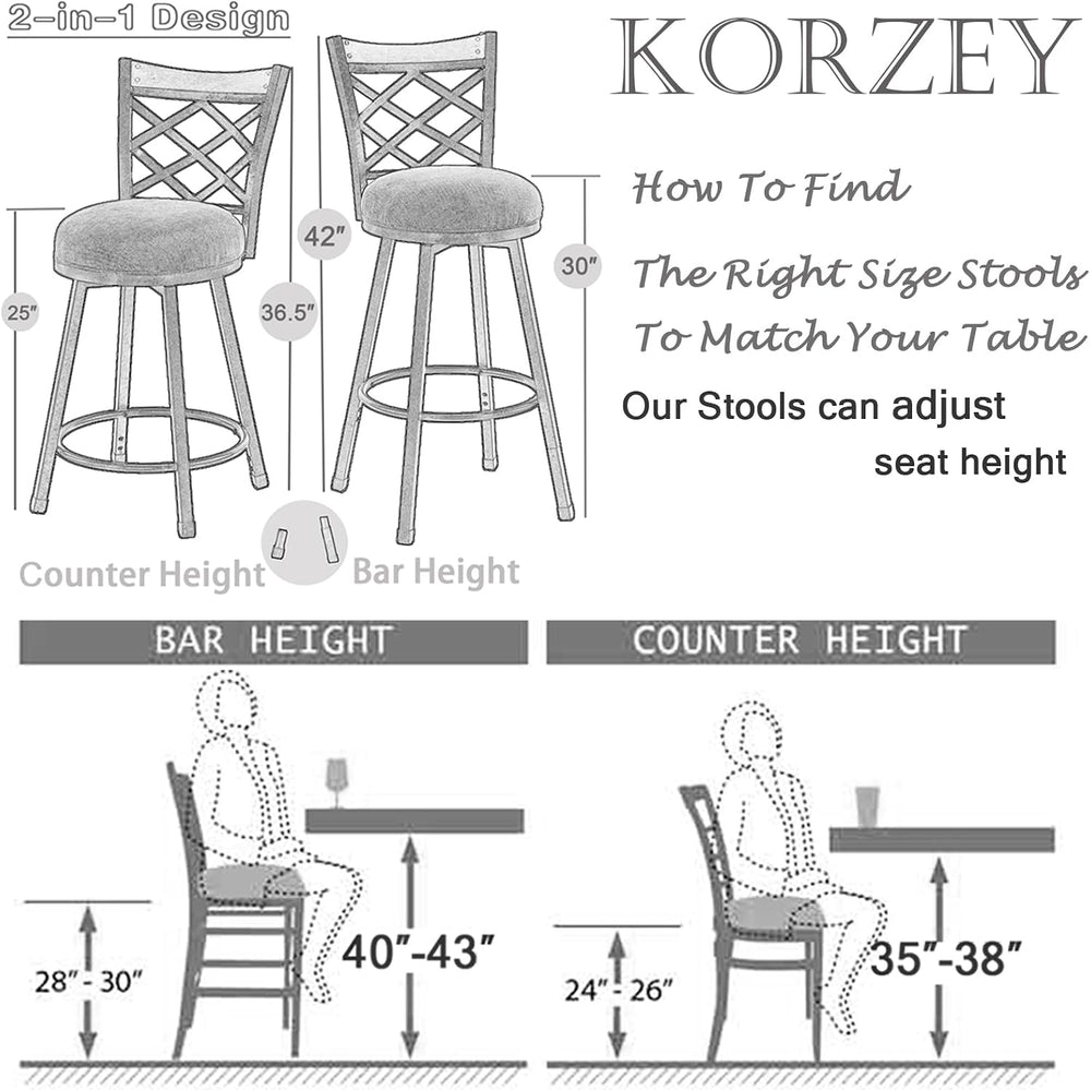 KORZEY Swivel Bar Stools Set of 2, 25/30 Inch Adjustable Beige Fabric Bar Cha...