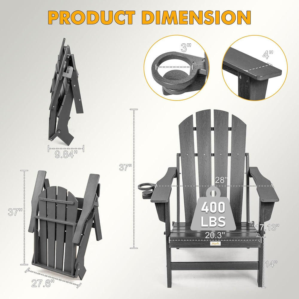 Oversized Folding HDPE Adirondack Chair, Gun-Leg Stable Frame 400 LBS