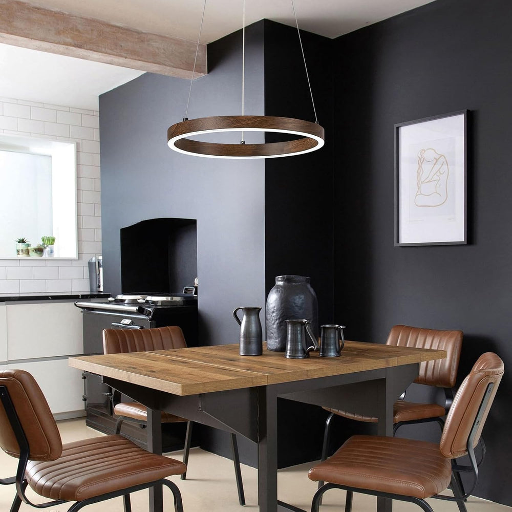 12in LED Ring Chandelier Wood Grain Modern Dimmable Pendant Light
