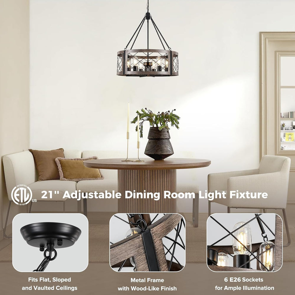 Farmhouse Drum Chandelier for Dining Room, 22" Rustic Black Chandelier w...