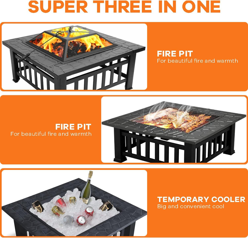 Fire Pit Table, Outdoor Fireplace Firepit Camping Accessories 32 in Square Sm...