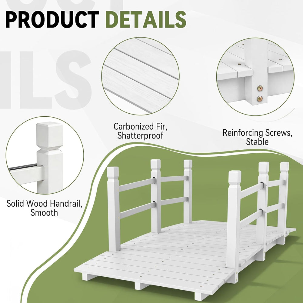 Outvita 5 ft Garden Wooden Bridge Arch Stained Finish with Safety Rails Outdo...