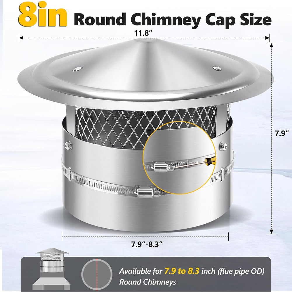 8" Chimney Cap with Screen & Rain Cover,304 Stainless Steel