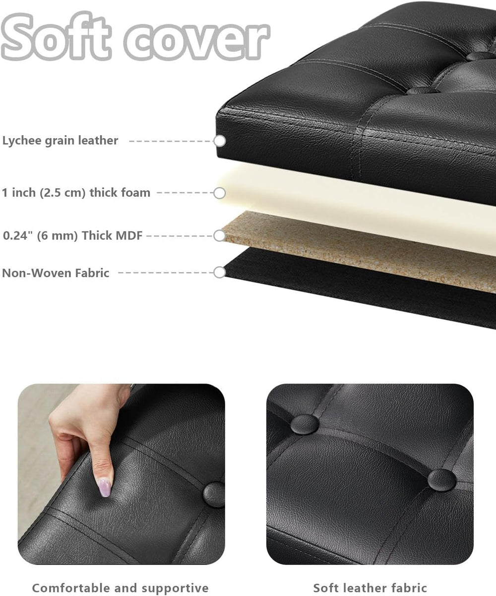 Bsketa Storage Ottoman Bench, 17" Folding Leather Foot Rest,Black 2 Pack