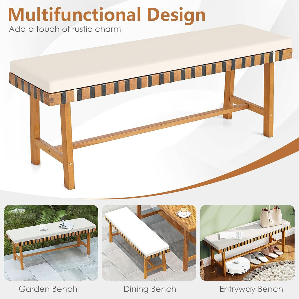 Tangkula Acacia Wood Outdoor Bench with Padded Cushion, 48" Long Dining ...