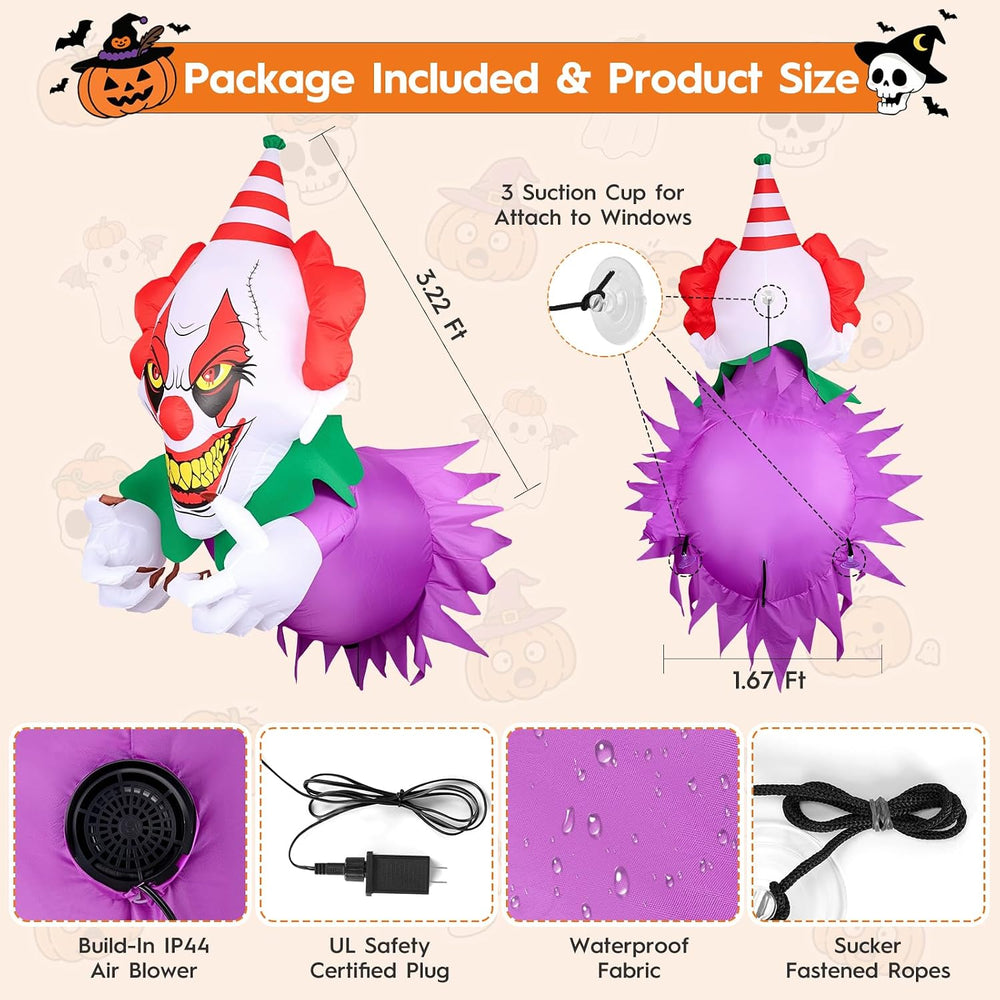 3.9 Ft Halloween Inflatables Scary Clown Broke Out from Window, Halloween Blo...