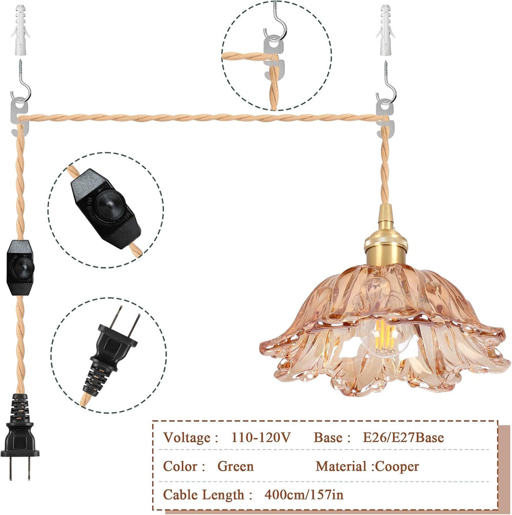 Plug in Pendant Light Fixtures,Hanging Light Fixture Amber Glass Pendant Ligh...