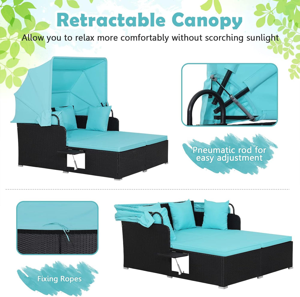 ORALNER Outdoor Daybed, 2-Person Wicker Patio Sofa with Retractable Canopy, C...