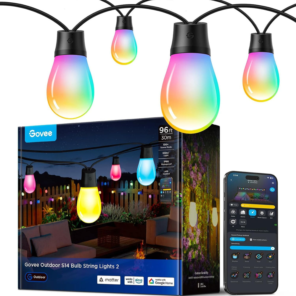 Govee S14 Bulb Outdoor String Lights 2, 96ft RGBICWW, 30 LED Bulbs, IP66