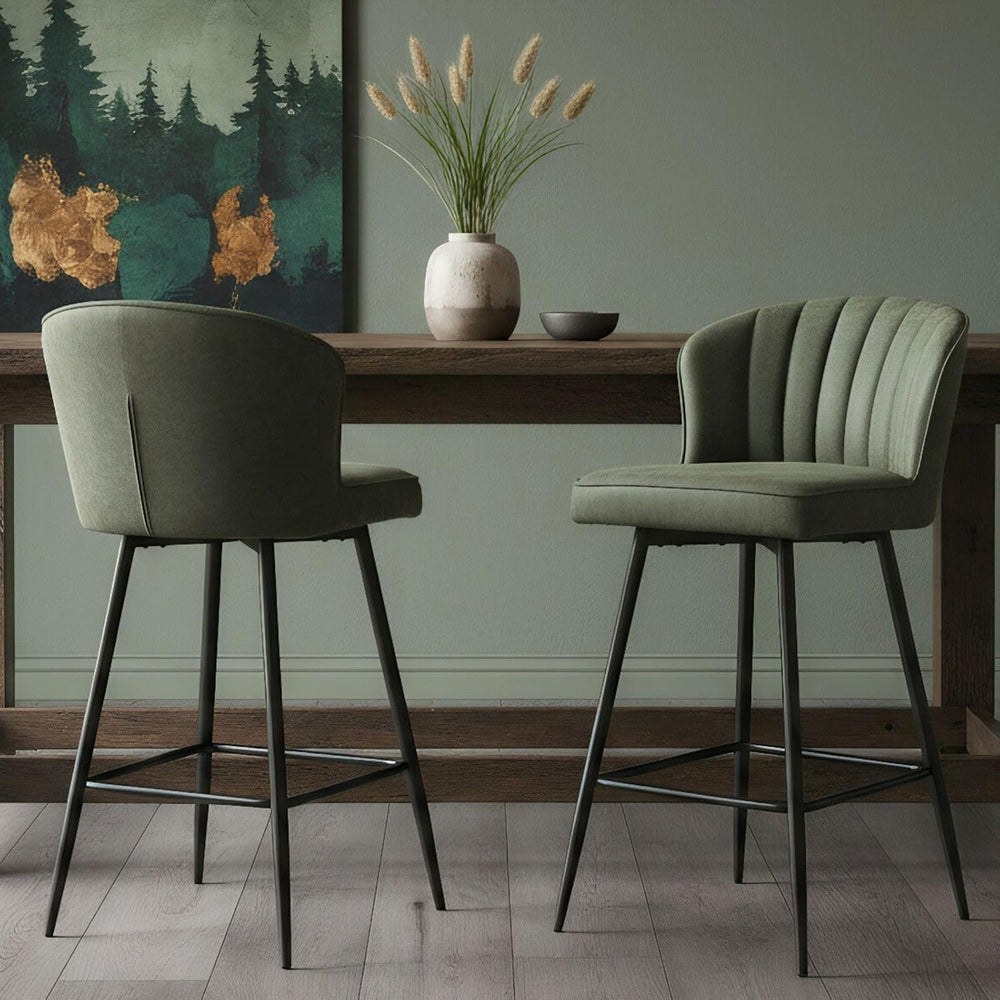 Green Leather Bar Stools Set of 2 Mid Century Modern Counter Stools 26 Inch C...