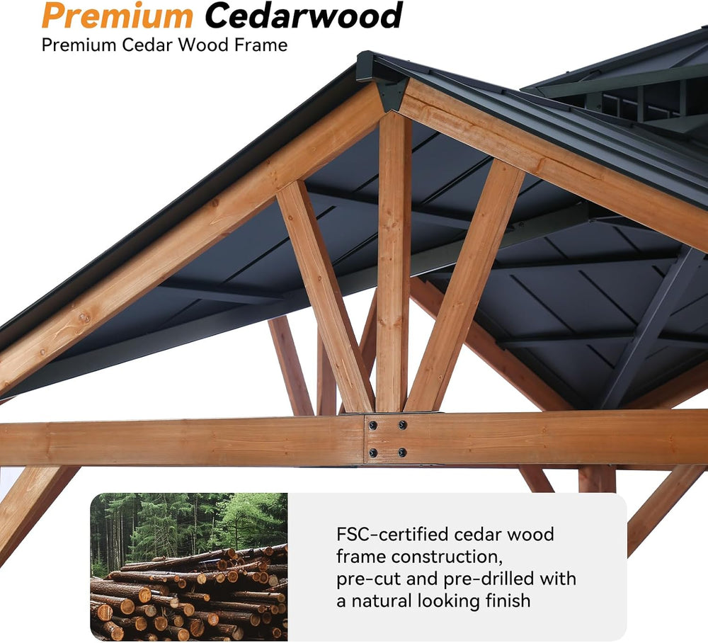 Modern Shade Cedar Wood Gazebo 12’ x 12’, Heavy Duty Hardtop Gazebo with Stee...