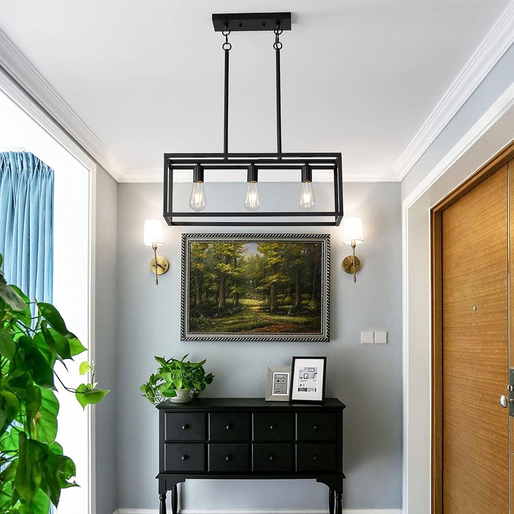 Black Kitchen Island Lighting, Modern Linear Cage Retangular Chandelier, 3 Li...