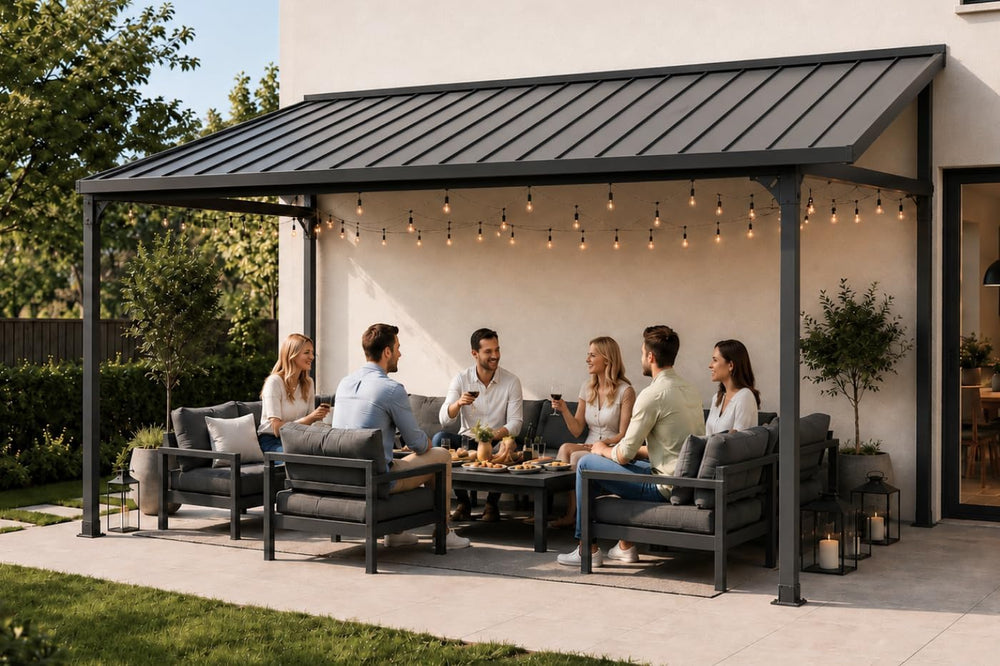 8x10 FT Lean to Gazebo, Wall Mounted Hardtop Pergola with Sloping Galvanized ...