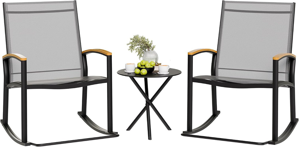 Shintenchi 3 Piece Outdoor Rocking Bistro Set, Textilene Fabric Small Patio F...