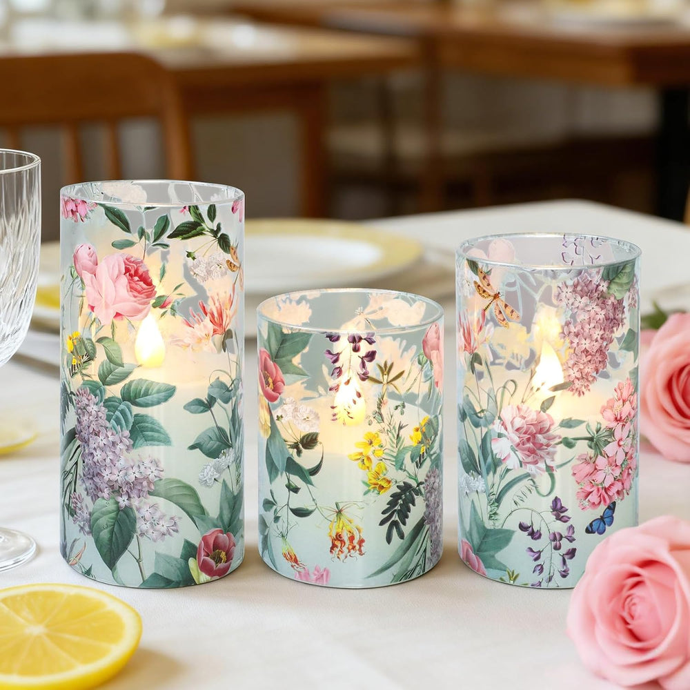 Glass Flameless Candles with Remote Timer Floral Battery Operated LED Flicker...