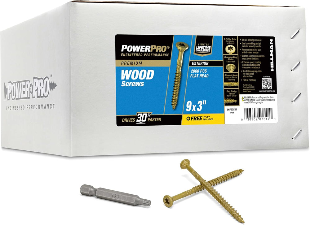 Power Pro Exterior Wood Screws, #9 x 3in Flat Head, 2000 Pieces, Bronze