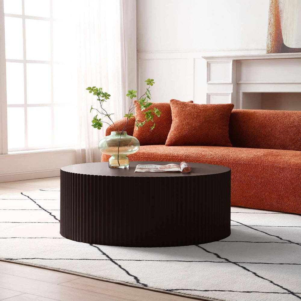 Brown Round Drum Coffee Tables for Living Room Contemporary Circle Coffee Tab...