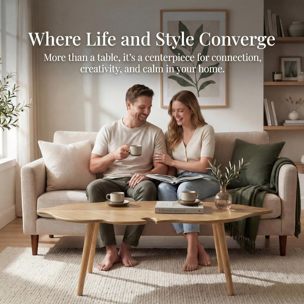 Natural Small Modern Coffee Table, Solid Wood Easy Assembly Center Table
