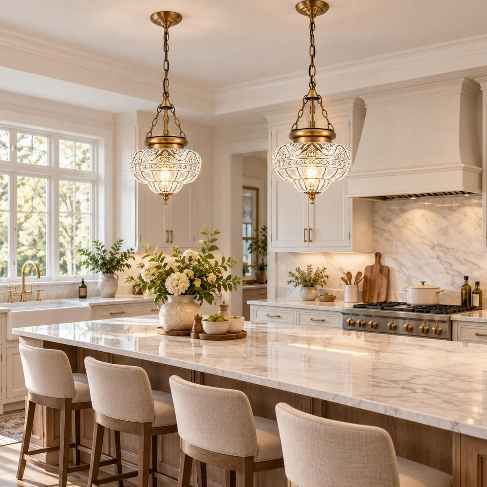 Vintage Antique Brass Pendant Lights Kitchen Island, Textured Glass