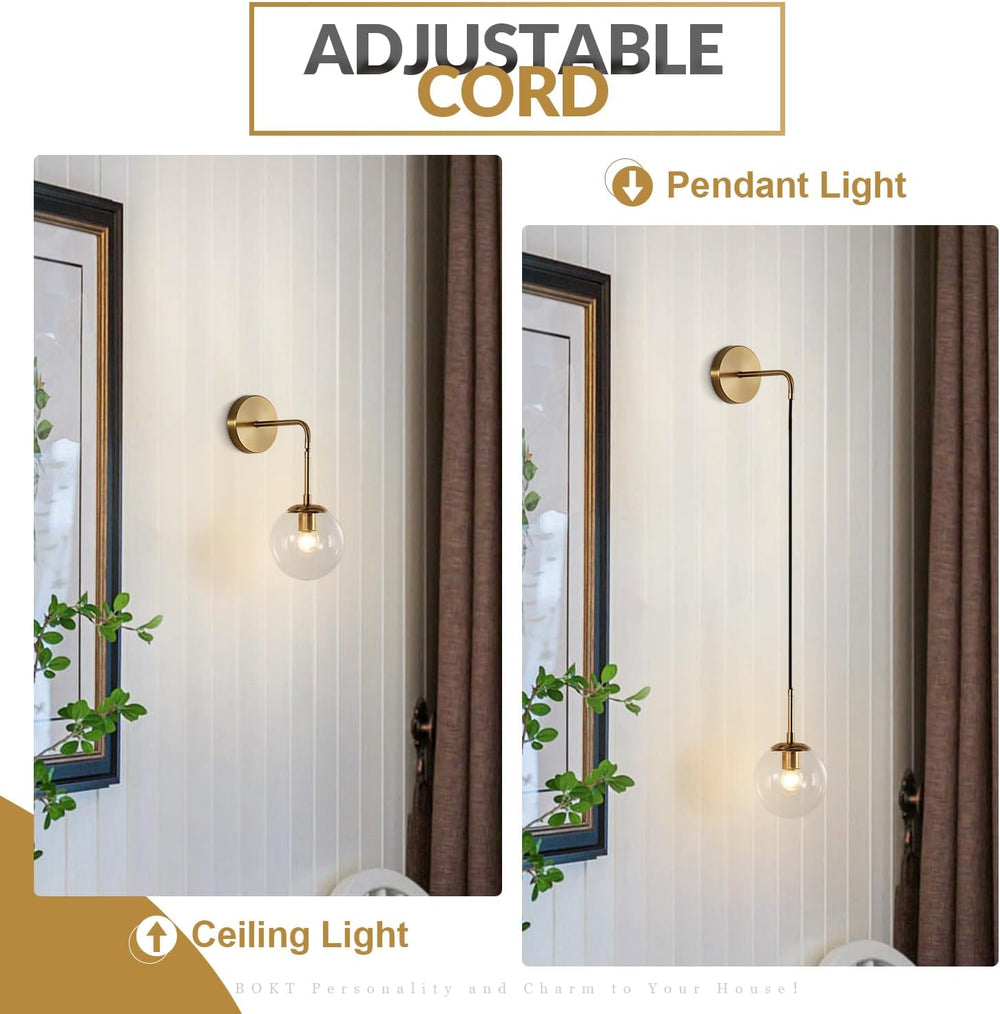 BOKT Mid Century Modern Globe Wall Sconce Lighting Brushed Brass Gold Bathroo...